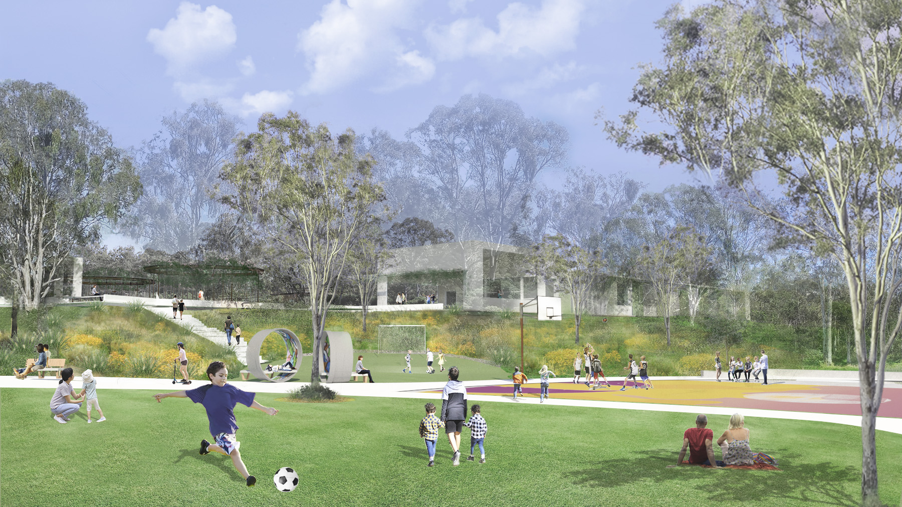 Artists impression of children playing soccer on a field with a playground and community centre in the background through a rugged Australian flora landscape.